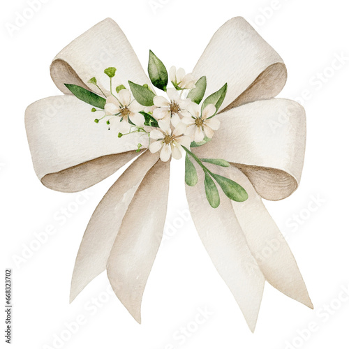 Watercolor painted white and ecru wedding decorative bow with flower decoration, isolated on white background