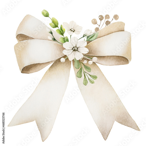 Watercolor painted white and ecru wedding decorative bow with flower decoration, isolated on white background
