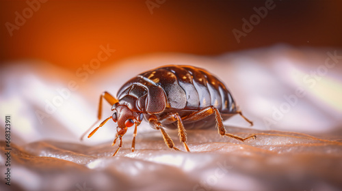 A high-quality image of a Cimex hemipterus, commonly known as a bedbug, on a bed.
