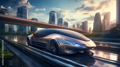 A cutting-edge electric vehicle gliding via magnetism on tracks against a backdrop of towering buildings is demonstrated.