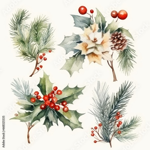 Christmas watercolor hand drawn illustration. Decoration elements for the Christmas holiday © Nikolai