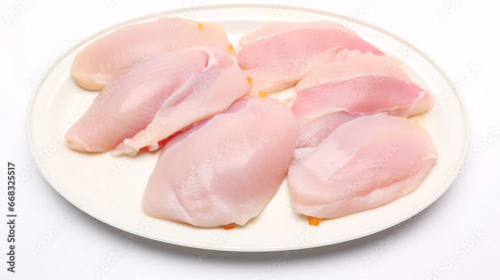 Isolated poultry steaks, sliced raw Chicken fillet, displayed on white plate. Isolated poultry steaks, sliced raw Chicken fillet, displayed on white plate.