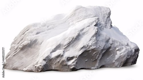 Rock with snow-topped peaks, standing alone on a white backdrop and being cropped.