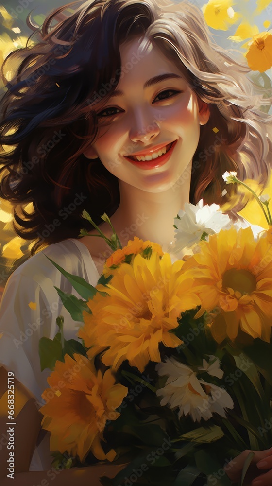 A woman holding a bunch of yellow and white flowers