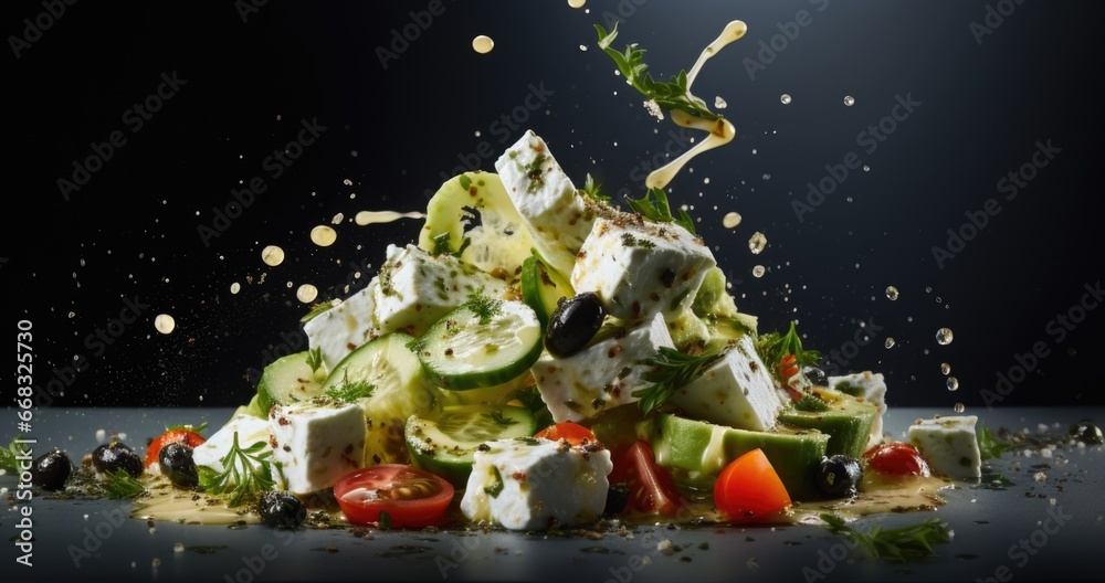 A salad with cucumbers, tomatoes, olives, and feta cheese A salad with cucumbers, tomatoes, olives, and feta cheese