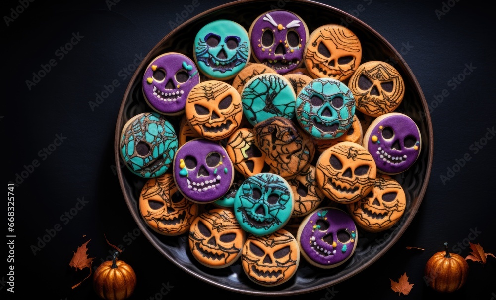 A plate of decorated sugar skulls and pumpkins A plate of decorated sugar skulls and pumpkins