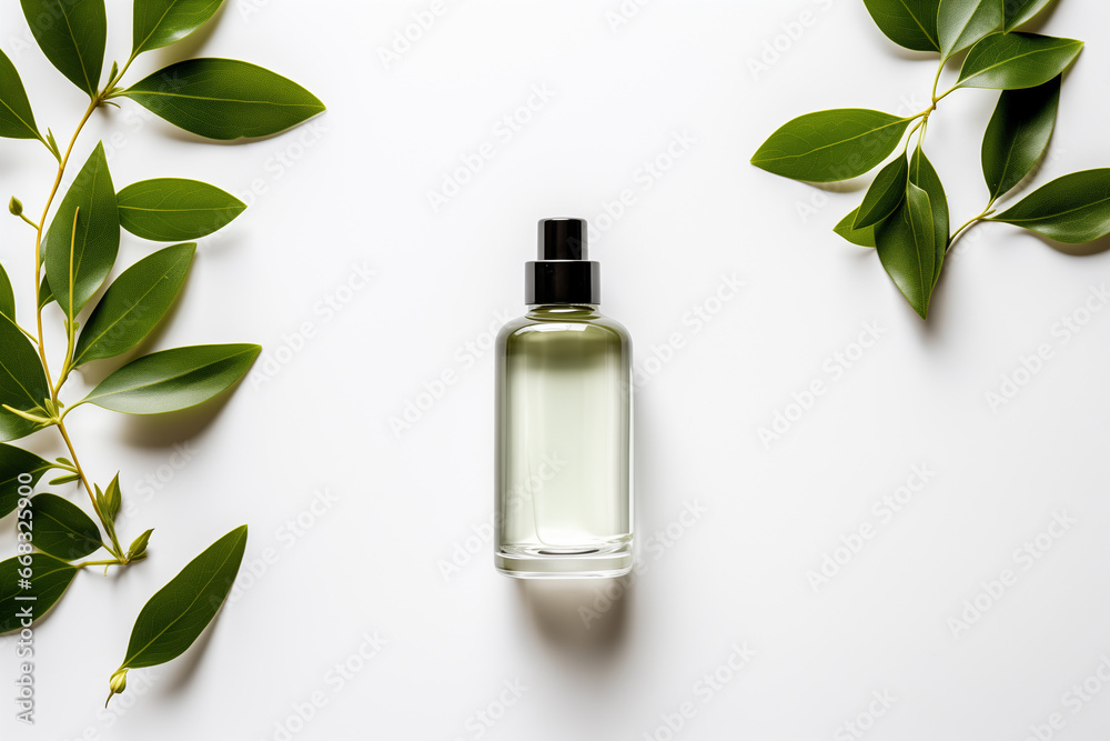 Natural cosmetic product oil or essence in a bottle with a dropper, with fresh green leaves, top view. Concept of beauty, skin, hair or body care	 - obrazy, fototapety, plakaty 
