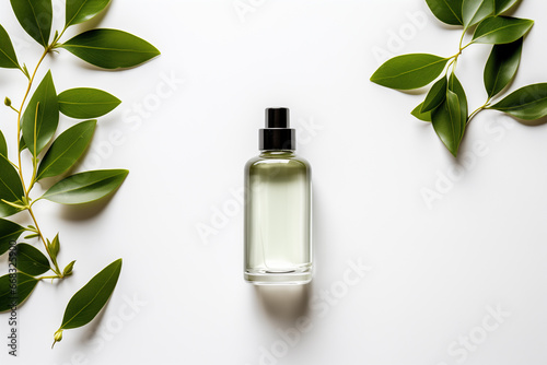 Natural cosmetic product oil or essence in a bottle with a dropper, with fresh green leaves, top view. Concept of beauty, skin, hair or body care	