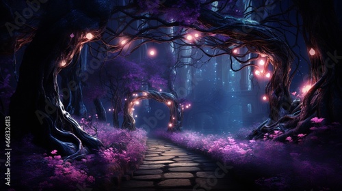Neon wildflowers along a dark forest pathway. © Creative artist1