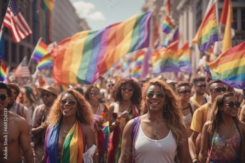 Diverse LGBTQ Community Marches in Colorful Pride Parade. concept of diversity and equality © Teun