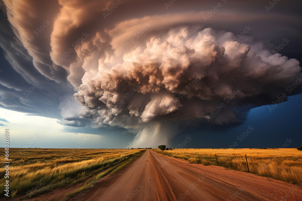 Amazing clouds over the landscape of the american mid-west as supercell thunderstorms develop, generative ai Amazing clouds over the landscape of the american mid-west as supercell thunderstorms develop, generative ai