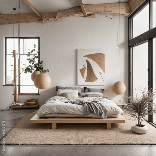 Interior of modern bedroom with white walls, wooden floor, comfortable king size bed with gray linen, wooden bedside tables and posters. 3d render