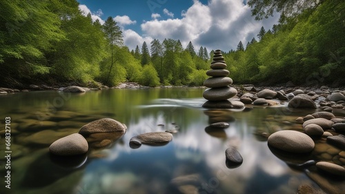zen stones in the water A zen meditation landscape with calm and spiritual nature environment. The river is clear and flowing