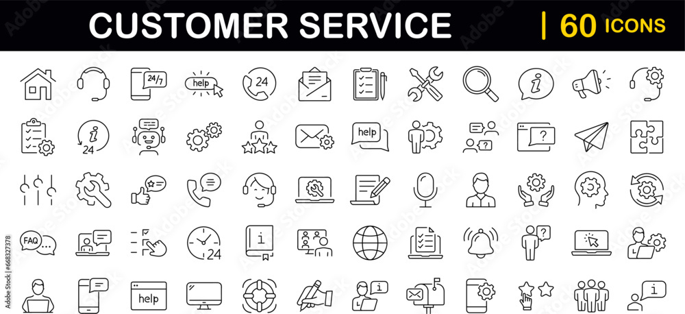 Customer service set of web icons in line style. Help and support. Support and service icons for web and mobile app. Online help, assistance, customer, 24 hrs, service and more. Vector illustration