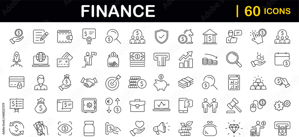 Finance set of web icons in line style. Money and Payment icons for web and mobile app. Money, payments, financial report, pay, banking, business, coin and more. Vector illustration