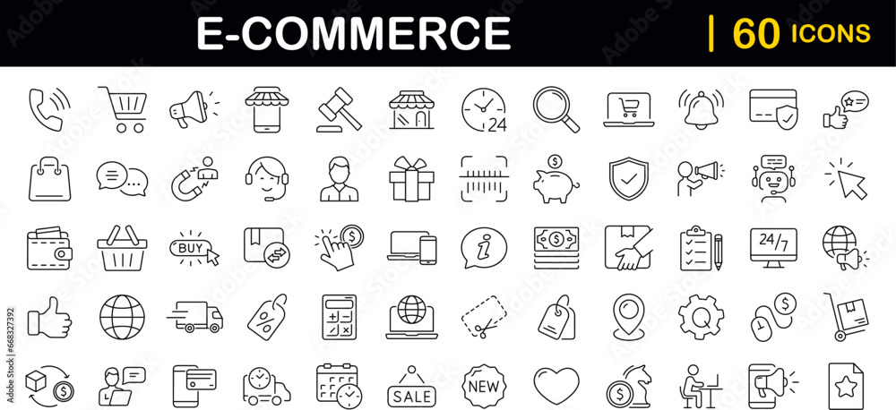 E-Commerce set of web icons in line style. Online shopping icons for web and mobile app. Business, mobile shop, digital marketing, bank card, gifts, sale, delivery. Vector illustration E-Commerce set of web icons in line style. Online shopping icons for web and mobile app. Business, mobile shop, digital marketing, bank card, gifts, sale, delivery. Vector illustration