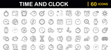 Time and Clock set of web icons in line style. Time management. Timer, Speed, Date, Countdown, Alarm, Recovery, Time, clock, watch, calendar simple icons for web and mobile app. Vector illustration