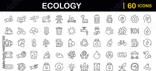 Ecology and Environment set of web icons in line style. Ecology and Energy icons. Eco friendly. Electric car, global warming, renewable energy, organic farming. Vector illustration