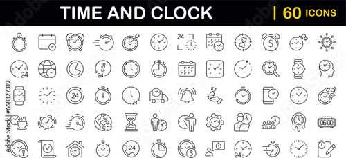 Time and Clock set of web icons in line style. Time management. Timer, Speed, Date, Countdown, Alarm, Recovery, Time, clock, watch, calendar simple icons for web and mobile app. Vector illustration
