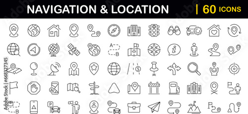 Navigation and location set of web icons in line style. Map location and navigation icons for web and mobile app. Map pin, GPS, compass, navigator, marker, map, pointer, traffic, travel, direction