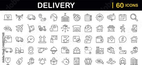 Fototapeta Naklejka Na Ścianę i Meble -  Delivery and logistics set of web icons in line style. Shipping and logistics icons for web and mobile app. Express delivery, courier, package protection, business, tracking, return, customer service