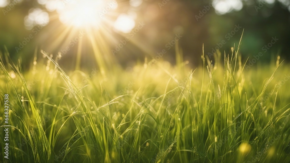 sunset in the grass grass background with sun beam, soft focus abstract nature  