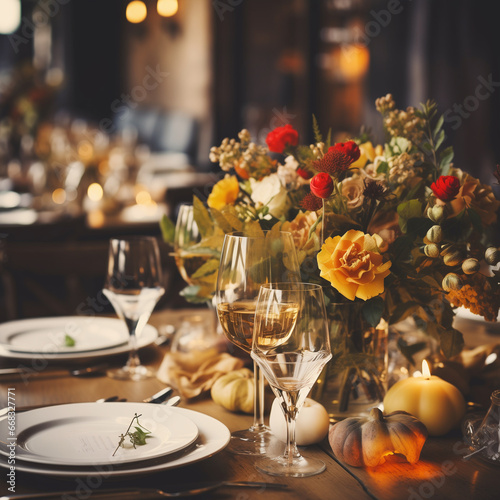 A beautiful table setting for Thanksgiving dinner in a restaurant