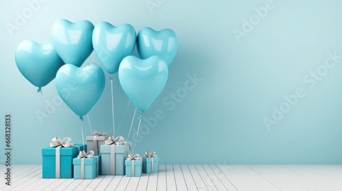 blue gift boxes and balloons on studio background