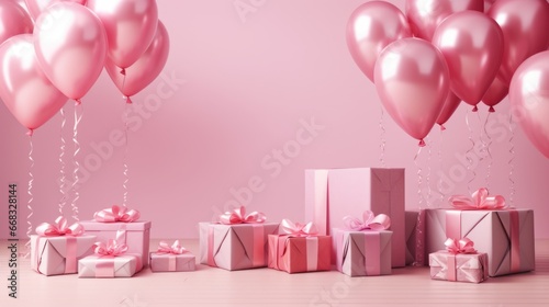 pink gift boxes and balloons on studio background