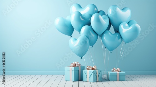 blue gift boxes and balloons on studio background photo
