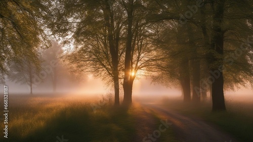 morning in the forest sunrise light nature and mist in spring  nature