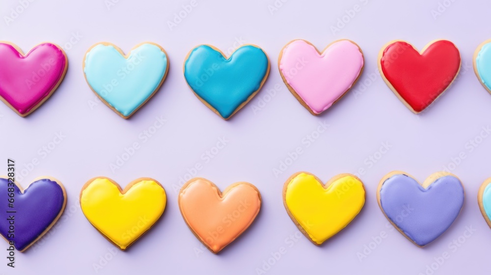 multicolor sugar glazed heart shaped cookies on the studio background, close up view, valentines day background