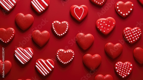 red sugar glazed heart shaped cookies on the studio background, close up view, valentines day background