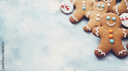 Christmas cookies and decorations for christmas tree on a white wooden background.