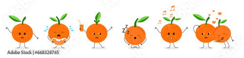Mascot Set of the tangerines fruit. Tangerines that: laugh, cry, dance, talk about feelings, sleep. Six poses vector illustration character.