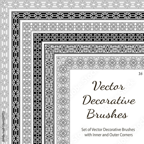 Set of Vector Decorative Color Brushes.
Vector Decorative Brushes with Inner and Outer Corners. Seamless Borders for Patterned Frames. 
Vector set of decorative borders for greeting card, wedding inv