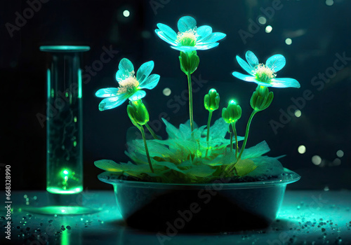 Science fiction, illustration of abstract, fantasy flowers emitting light. Genetically modified plants glowing with the help of luciferin and bioluminescence. photo