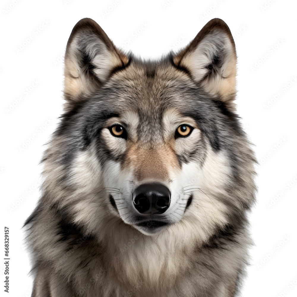 Close-up of wolf face isolated. Head front view isolated on  transparent background Generative AI