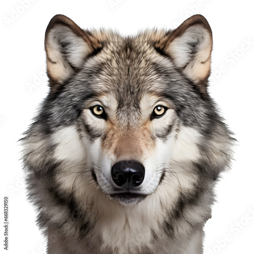 Close-up of wolf face isolated. Head front view isolated on  transparent background Generative AI