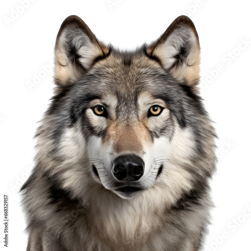 Close-up of wolf face isolated. Head front view isolated on  transparent background Generative AI