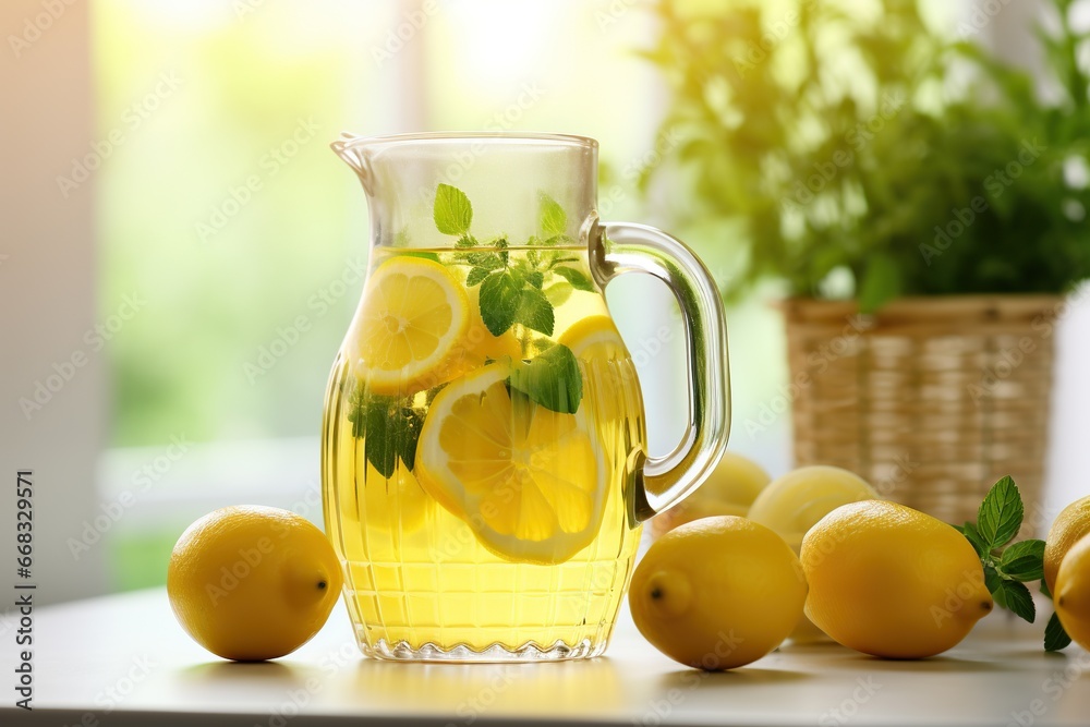 Citrus lemonade in a jug on a table in the kitchen. Lemons and mint, vase with flowers. Generated by artificial intelligence Citrus lemonade in a jug on a table in the kitchen. Lemons and mint, vase with flowers. Generated by artificial intelligence
