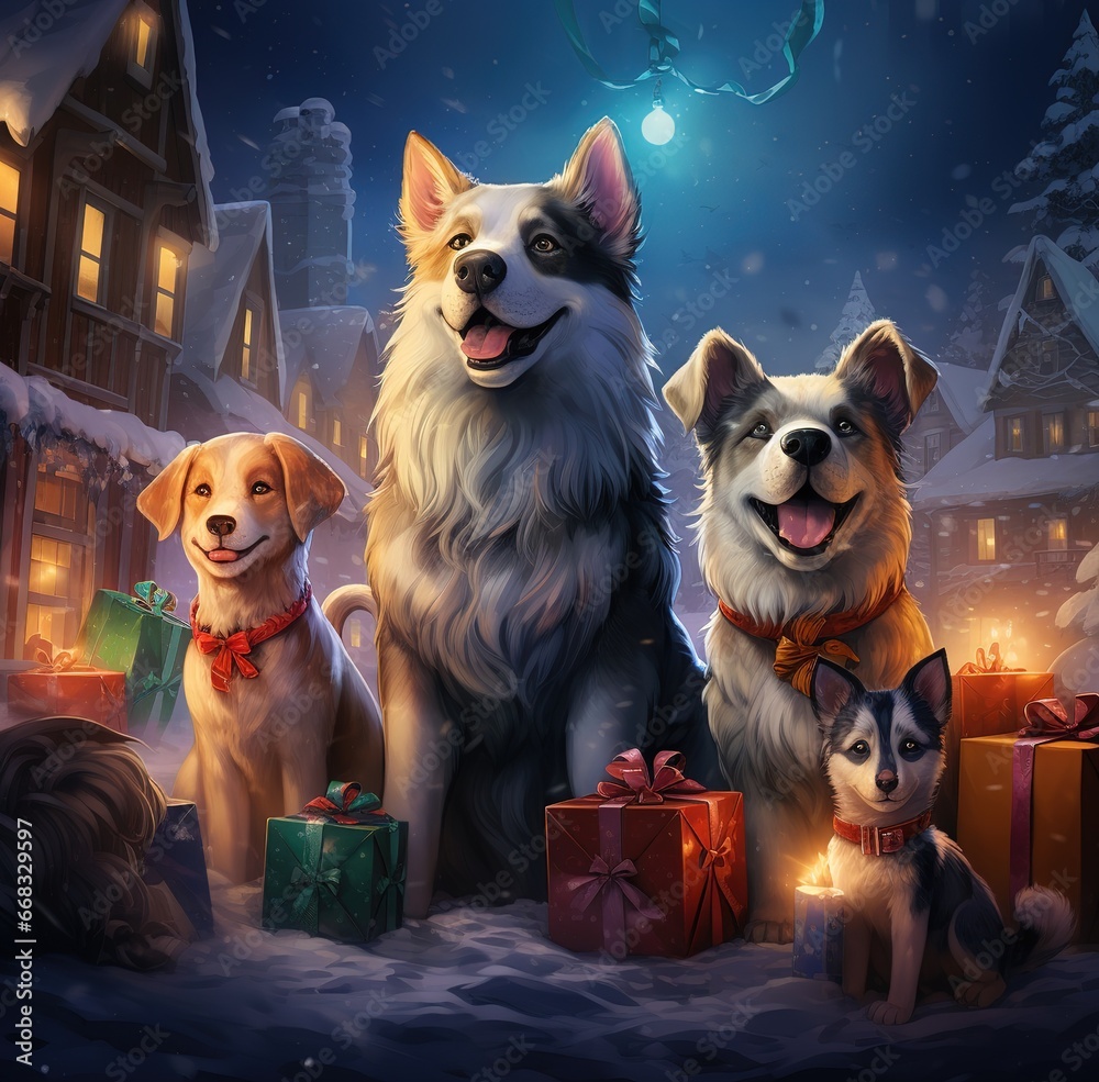 Christmas background. dogs with New Year's gifts, wallpaper or postcard 2024