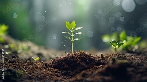 Green seedling illustrating concept of new life with bokeh background photo