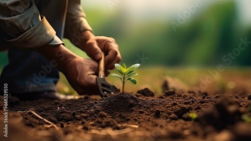 Hands of a farmer planting seedlings in the ground. Earth day concept