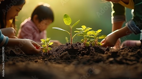 Little children are planting trees in the garden. Selective focus. nature