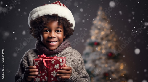 Black african american child with a Christmas present during Christmas time. Little child recieving a Christmas present. Happy child smiling with a present. Christmas background. photo