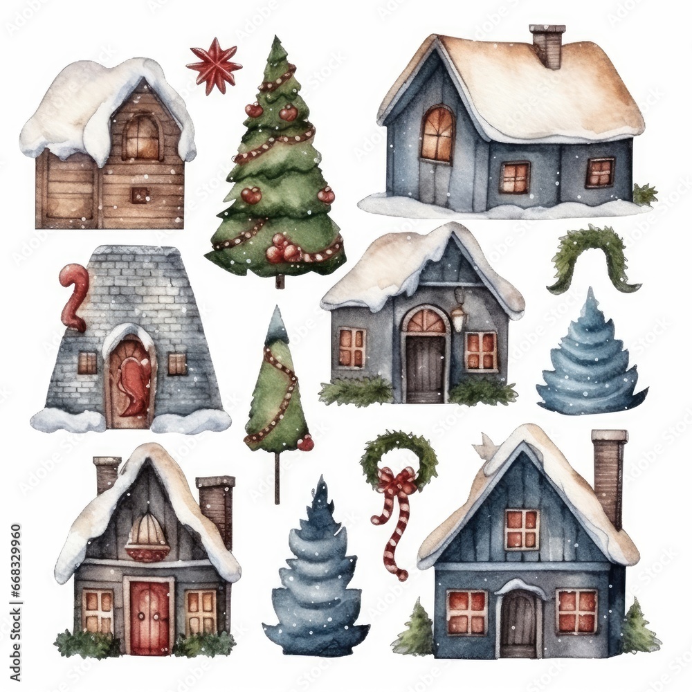 Christmas watercolor hand drawn illustration. Decoration elements for the Christmas holiday