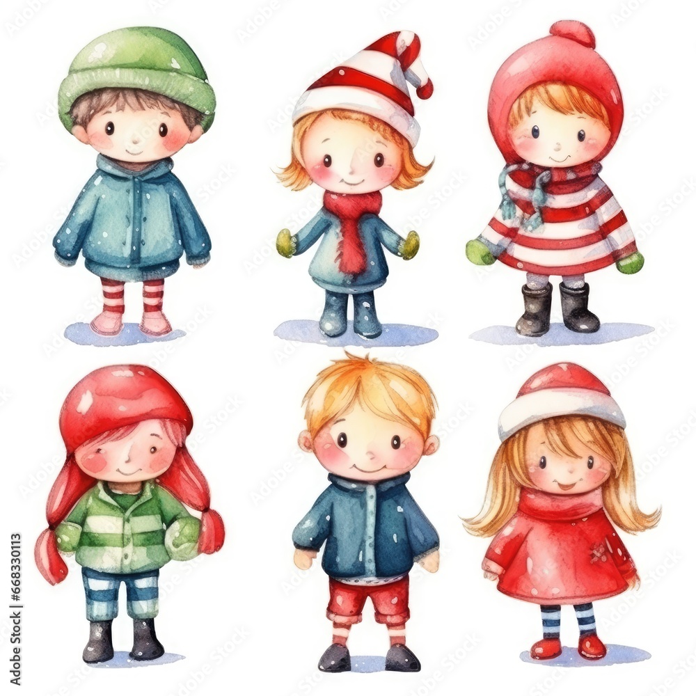 Set of Christmas watercolor hand drawn illustration of happy children in winter clothes. Cute Christmas holiday children Set of Christmas watercolor hand drawn illustration of happy children in winter clothes. Cute Christmas holiday children