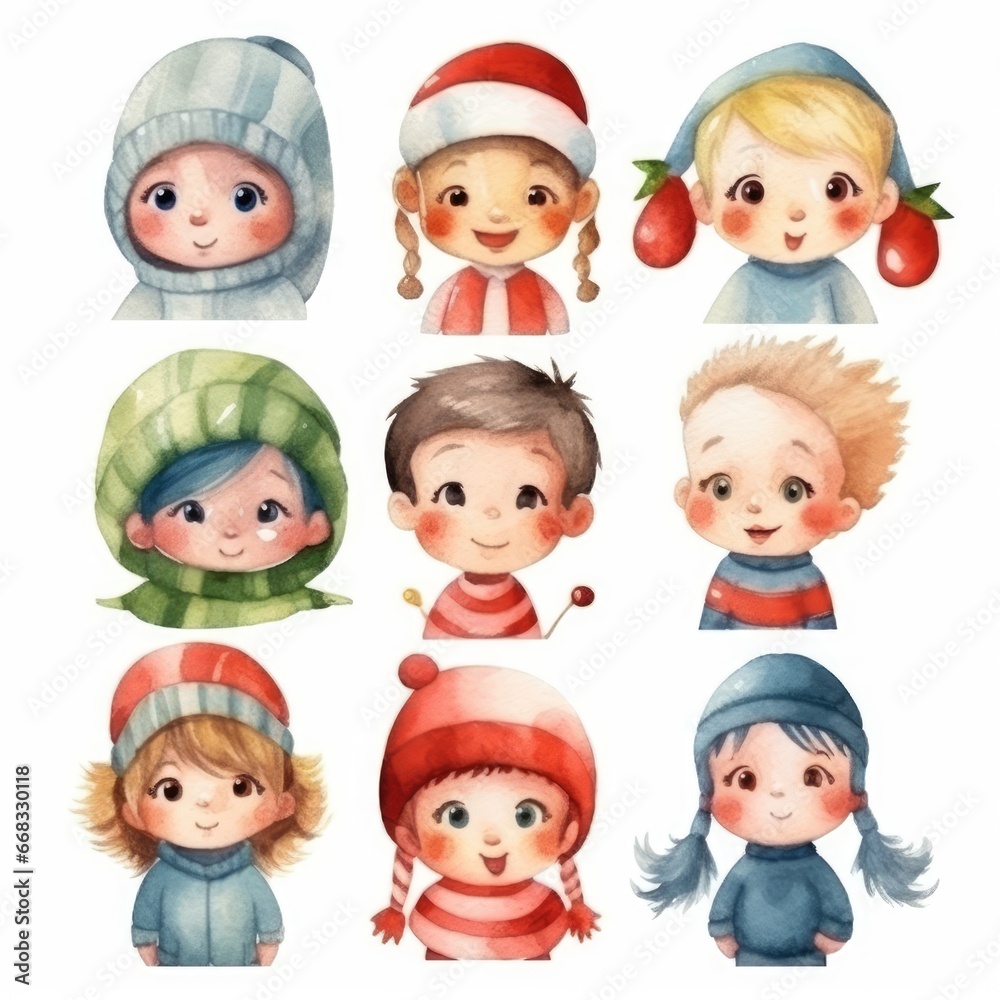 Set of Christmas watercolor hand drawn illustration of happy children in winter clothes. Cute Christmas holiday children