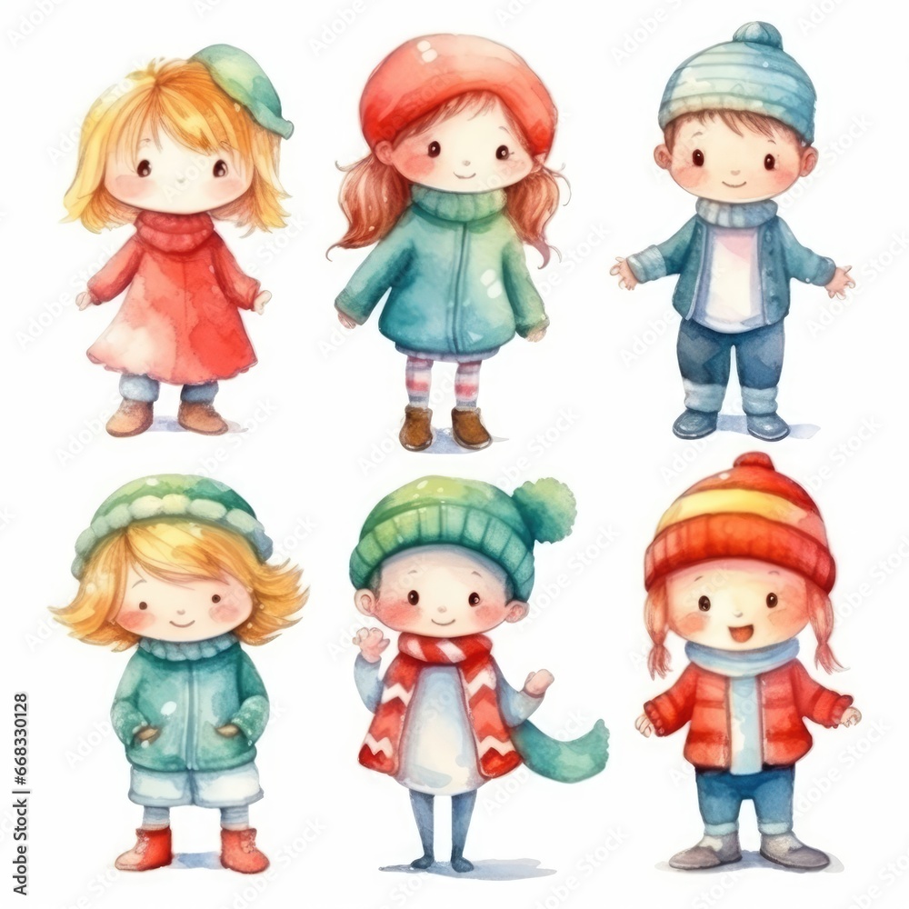 Set of Christmas watercolor hand drawn illustration of happy children in winter clothes. Cute Christmas holiday children Set of Christmas watercolor hand drawn illustration of happy children in winter clothes. Cute Christmas holiday children